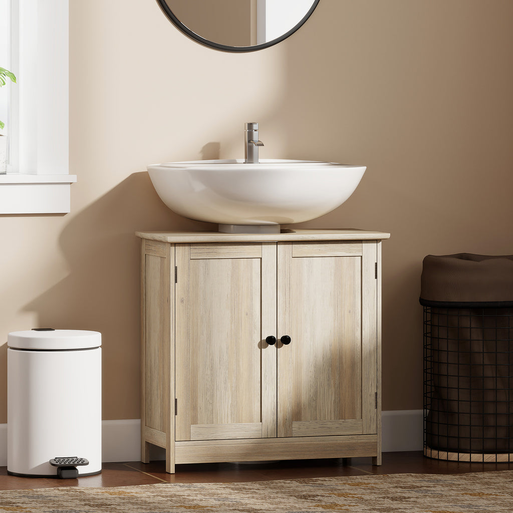 AEELLEEA Weathered Gray Oak Under Sink Bathroom Cabinet, MDF Pedestal Storage Cabinet with Adjustable Shelf & Double Doors