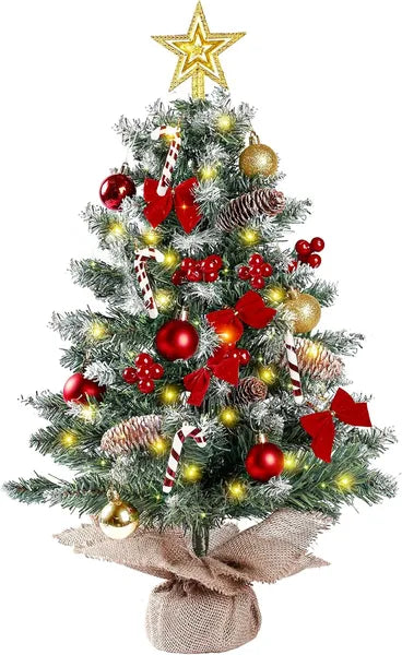 Aeelleea 23.6 Inch Snow Flocked Mini Tabletop Christmas Tree with LED Lights, Pinecones, Red Bow, Baubles, Candy Canes, Berries, DIY Indoor Holiday Decor