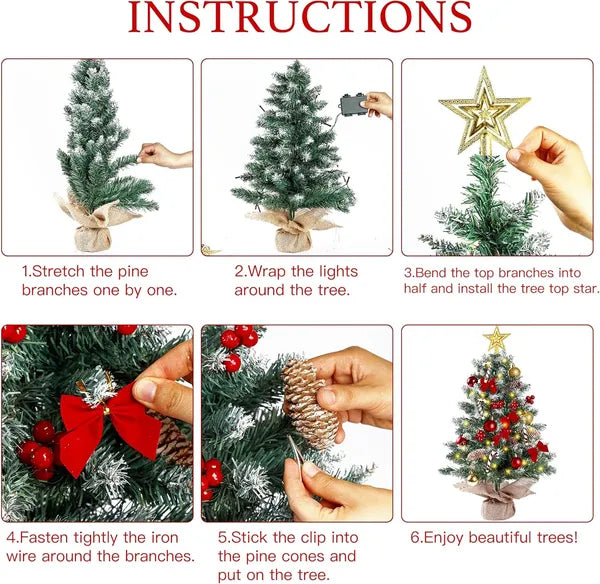 Aeelleea 23.6 Inch Snow Flocked Mini Tabletop Christmas Tree with LED Lights, Pinecones, Red Bow, Baubles, Candy Canes, Berries, DIY Indoor Holiday Decor