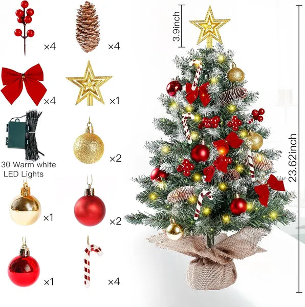 Aeelleea 23.6 Inch Snow Flocked Mini Tabletop Christmas Tree with LED Lights, Pinecones, Red Bow, Baubles, Candy Canes, Berries, DIY Indoor Holiday Decor