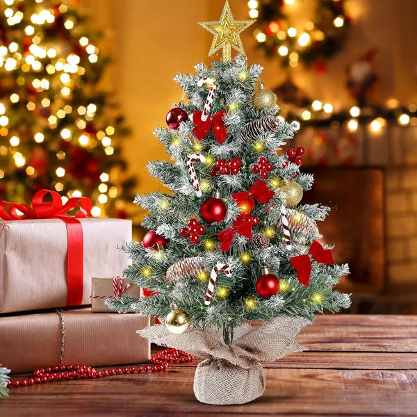 Aeelleea 23.6 Inch Snow Flocked Mini Tabletop Christmas Tree with LED Lights, Pinecones, Red Bow, Baubles, Candy Canes, Berries, DIY Indoor Holiday Decor