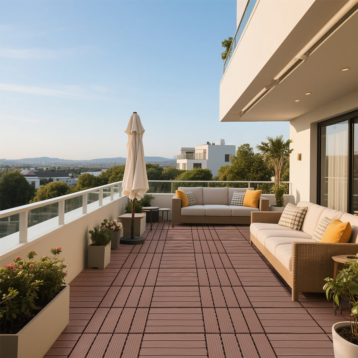 AEELLEEA 12 Inch Brown PP Interlocking Deck Tiles, 44 Pack Waterproof Patio Flooring Tiles, Non-Slip Drainage Outdoor Decking for Backyard Poolside Balcony