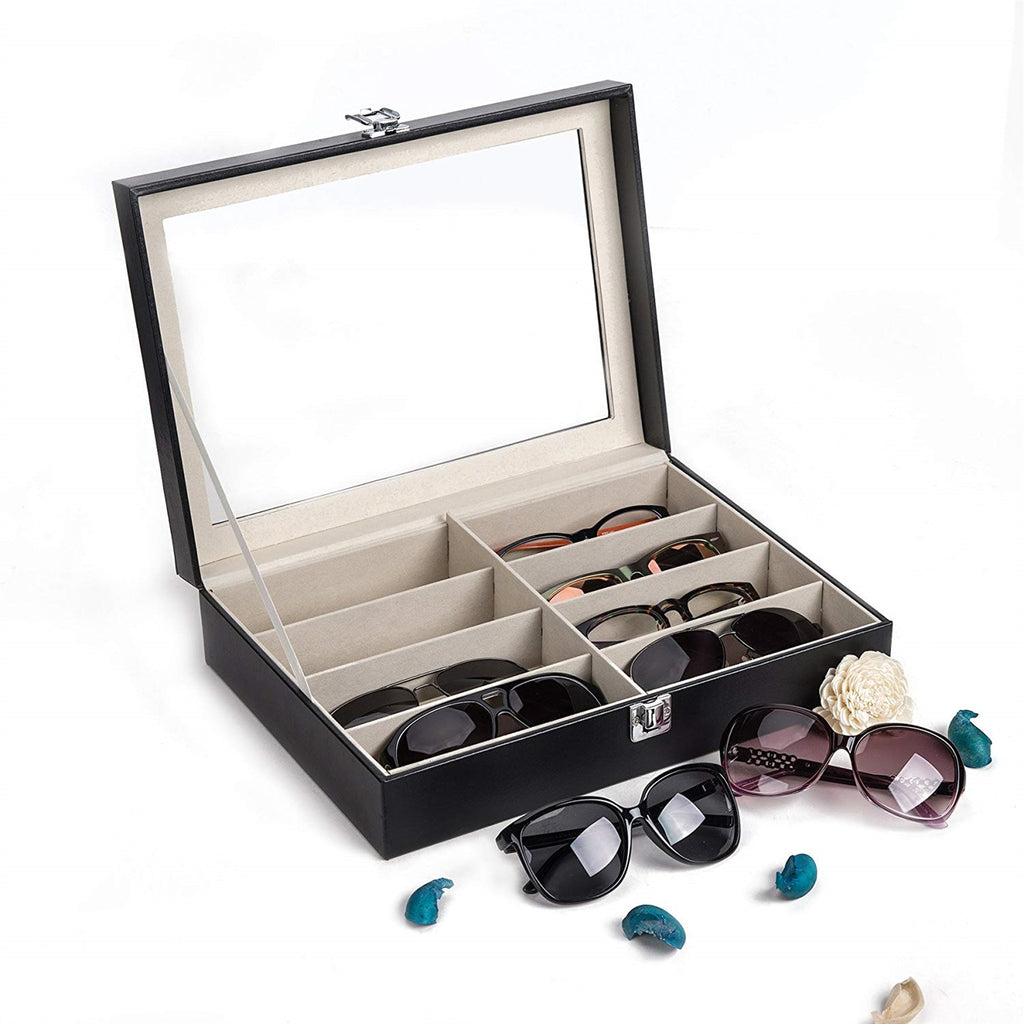 AEELLEEA-Leather Multi Sunglasses Organizer for Women & Men, Eyeglass Display Storage Box with 8 Slots, Black Eyewear Holder for Sunglasses Collection