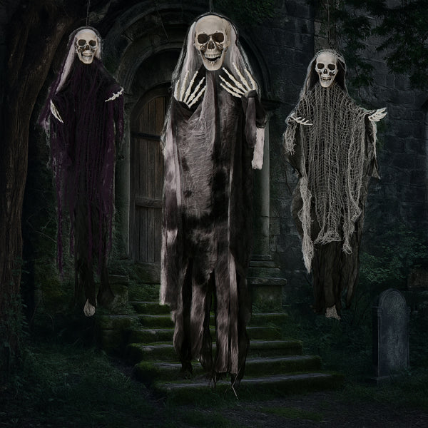 3‑Pack Hanging Skeleton Ghost Halloween Decor, Assorted Heights 3.8FT, 3FT, 3.3FT for Home Yard & Holiday Party Hanging Ornaments