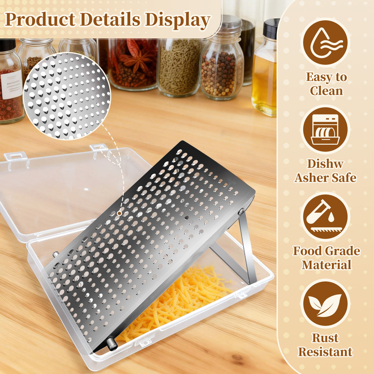 Food Grade Stainless Steel Cheese Grater with Storage Box & Brush, Multi-use for Cheese, Ginger, Garlic & Chocolate
