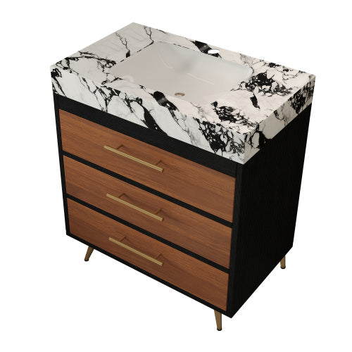 Black Walnut Bathroom Vanity with Sink, Freestanding 3-Drawer Cabinet with Marble Top Gold Legs, Modern Lavatory Console for Bathroom