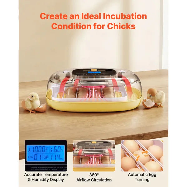 Aeelleea 24 Egg Incubator, 17.13×11.02×8.47 Inch Auto Turner with LED Candler, Temp Humidity Control for Chicken Duck Quail Eggs