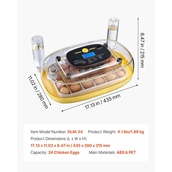 Aeelleea 24 Egg Incubator, 17.13×11.02×8.47 Inch Auto Turner with LED Candler, Temp Humidity Control for Chicken Duck Quail Eggs