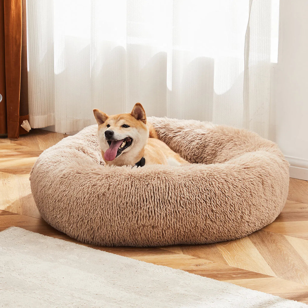 24" Round Donut Dog & Cat Bed, Fluffy Faux Fur Washable Pet Bed with Non-Slip Bottom, Up to 25 lbs - Brown