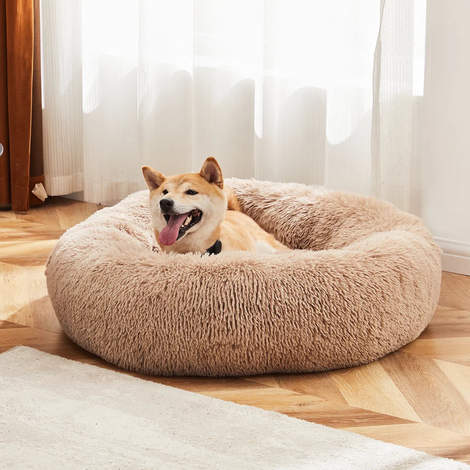 24" Round Donut Dog & Cat Bed, Fluffy Faux Fur Washable Pet Bed with Non-Slip Bottom, Up to 25 lbs - Brown
