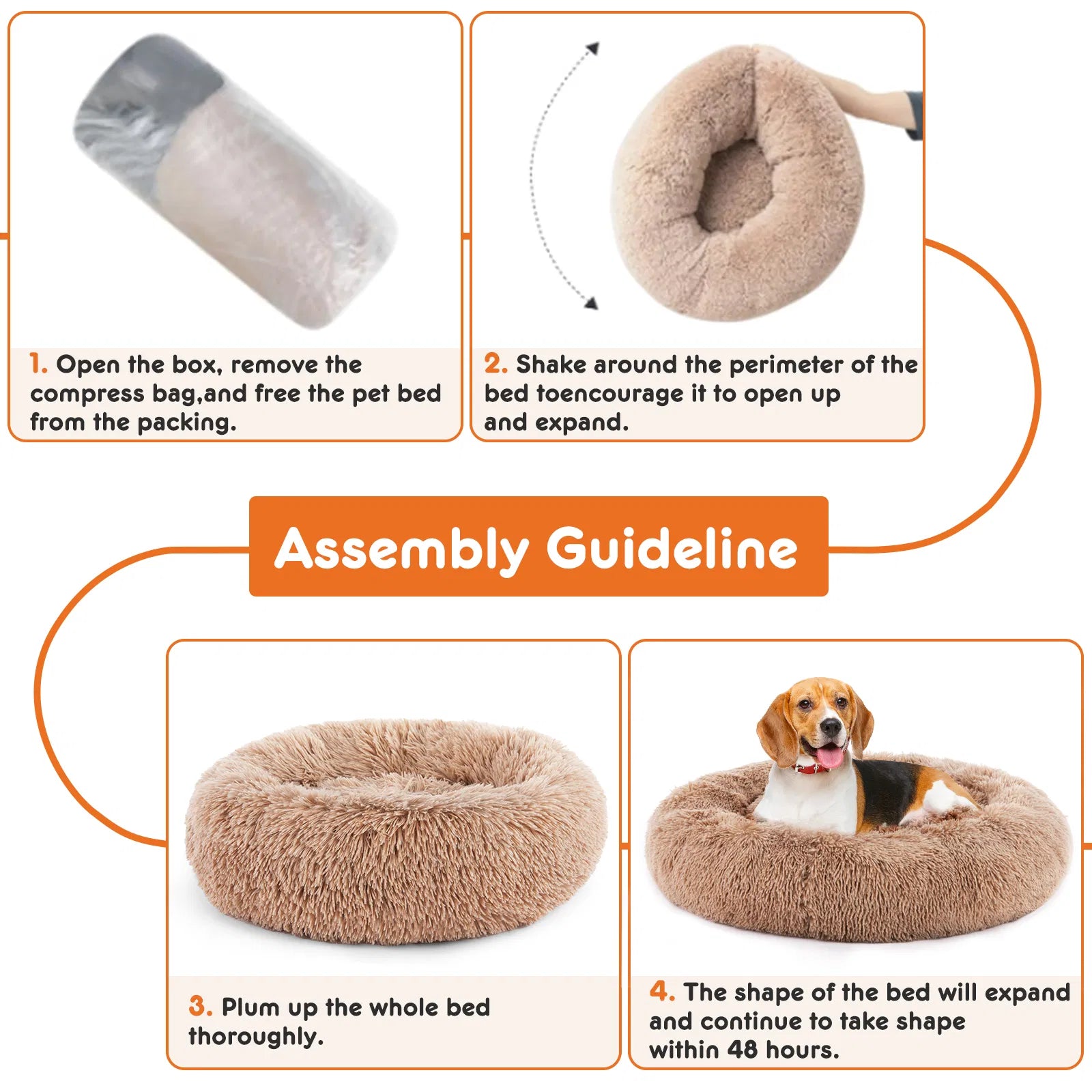 24" Round Donut Dog & Cat Bed, Fluffy Faux Fur Washable Pet Bed with Non-Slip Bottom, Up to 25 lbs - Brown