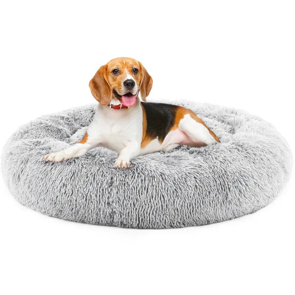 24" Round Donut Dog & Cat Bed, Fluffy Faux Fur Washable Pet Bed with Non-Slip Bottom, Up to 25 lbs - Brown