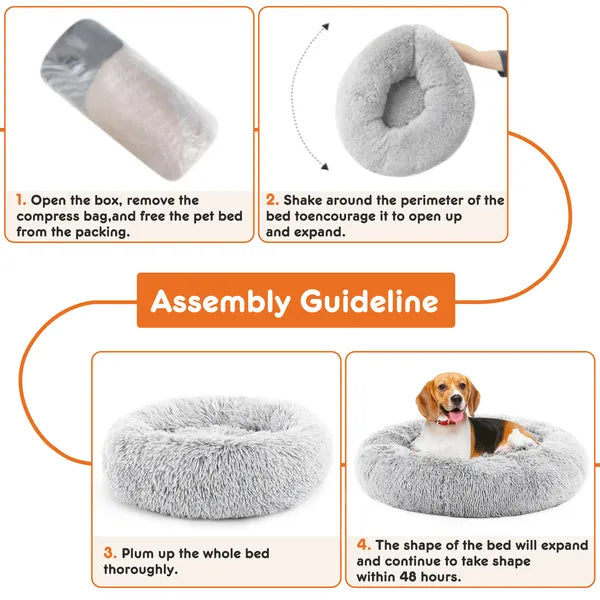 AEELLEEA XL Grey Faux Fur Donut Calming Pet Bed, Round Fluffy Dog Bed with Raised Rim & Non-Slip Bottom for Large Dogs and Cats