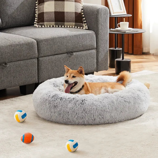 24" Round Donut Dog & Cat Bed, Fluffy Faux Fur Washable Pet Bed with Non-Slip Bottom, Up to 25 lbs - Brown