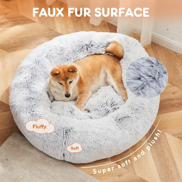 24" Round Donut Dog & Cat Bed, Fluffy Faux Fur Washable Pet Bed with Non-Slip Bottom, Up to 25 lbs - Brown
