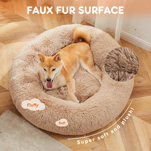 AEELLEEA Faux Fur Donut Calming Pet Bed, Round Fluffy Cuddler Bed with Raised Rim and Non-Slip Bottom for Small & Medium Pets