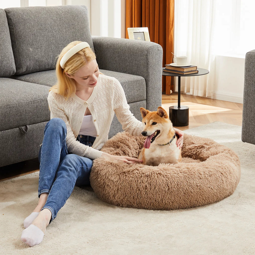 24" Round Donut Dog & Cat Bed, Fluffy Faux Fur Washable Pet Bed with Non-Slip Bottom, Up to 25 lbs - Brown