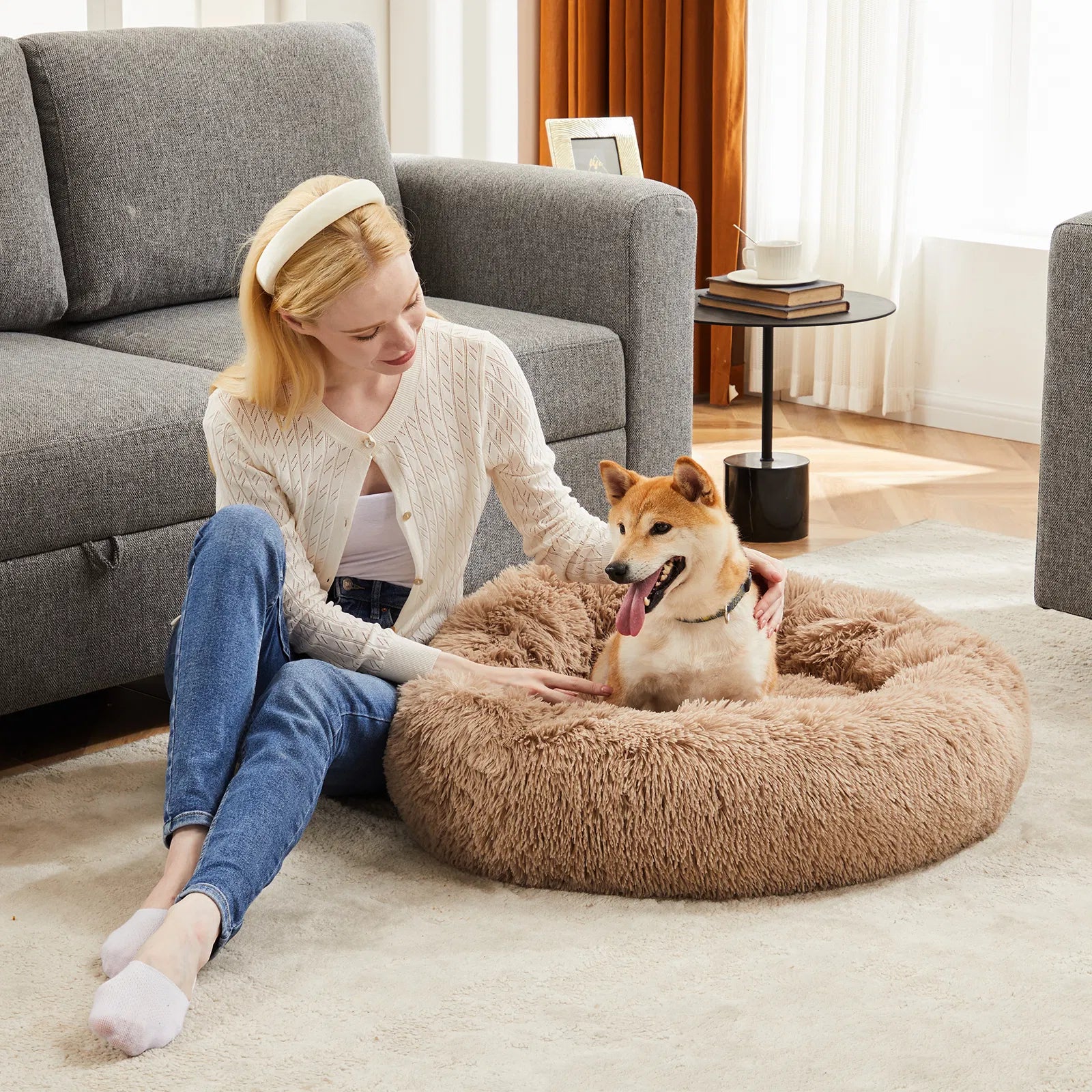 24" Round Donut Dog & Cat Bed, Fluffy Faux Fur Washable Pet Bed with Non-Slip Bottom, Up to 25 lbs - Brown