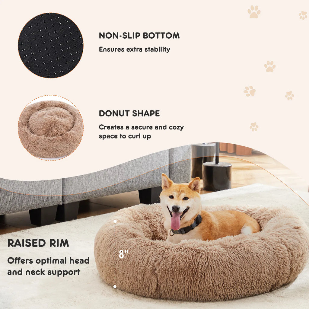 24" Round Donut Dog & Cat Bed, Fluffy Faux Fur Washable Pet Bed with Non-Slip Bottom, Up to 25 lbs - Brown