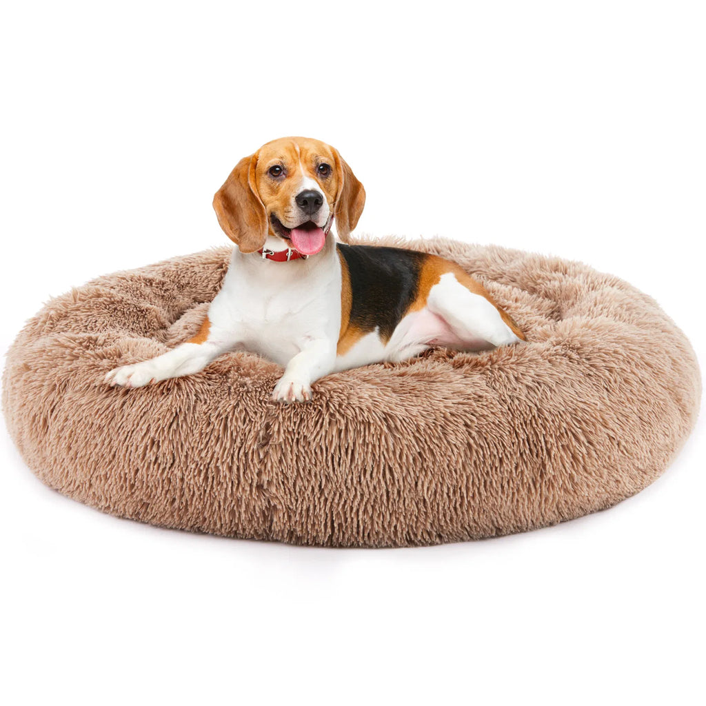 24" Round Donut Dog & Cat Bed, Fluffy Faux Fur Washable Pet Bed with Non-Slip Bottom, Up to 25 lbs - Brown