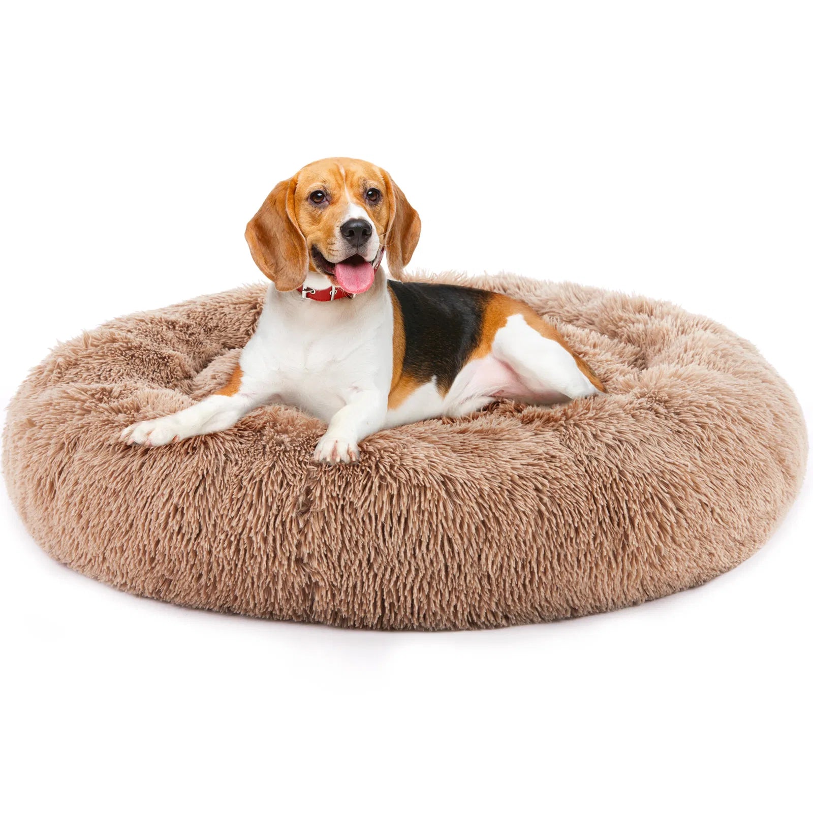 24" Round Donut Dog & Cat Bed, Fluffy Faux Fur Washable Pet Bed with Non-Slip Bottom, Up to 25 lbs - Brown