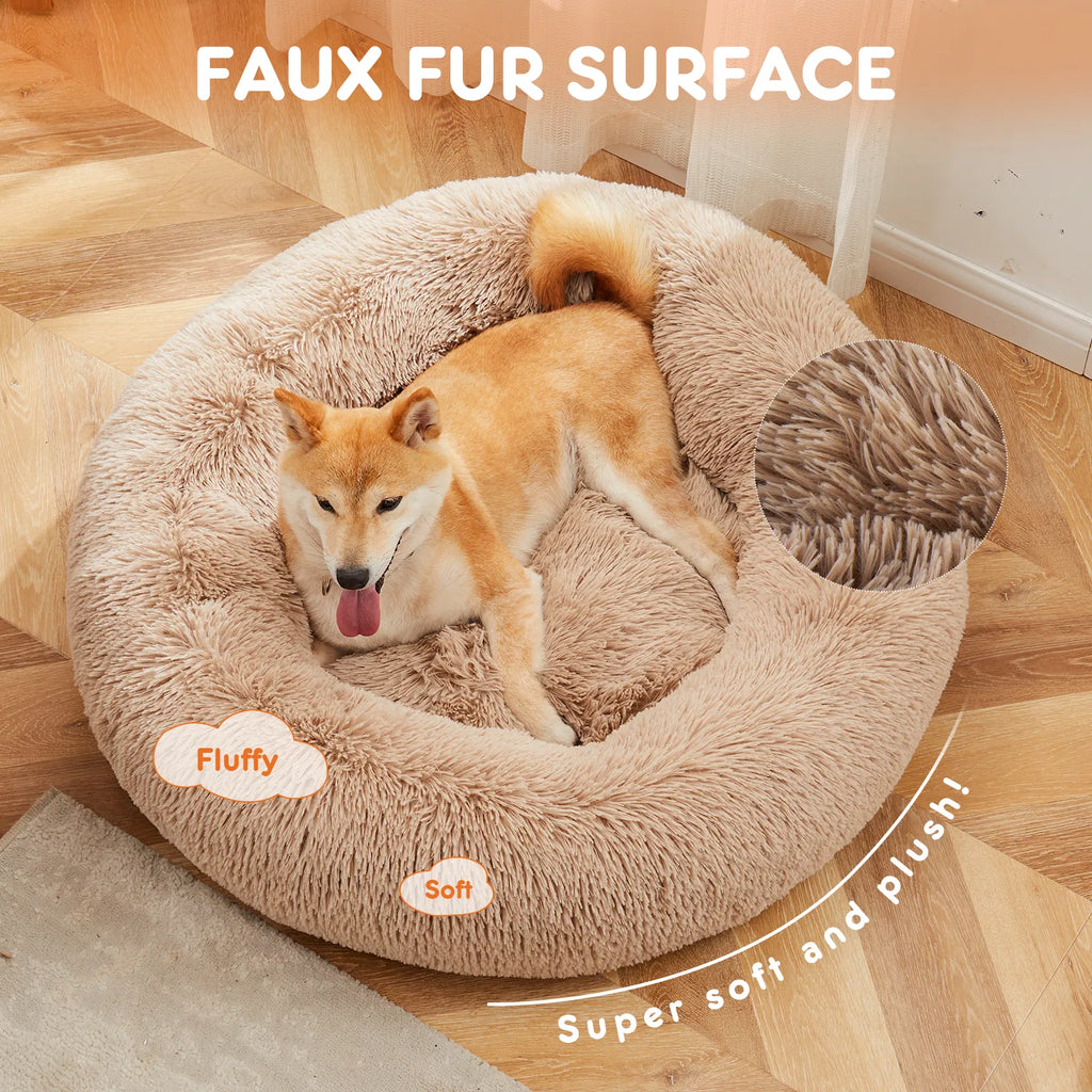 24" Round Donut Dog & Cat Bed, Fluffy Faux Fur Washable Pet Bed with Non-Slip Bottom, Up to 25 lbs - Brown