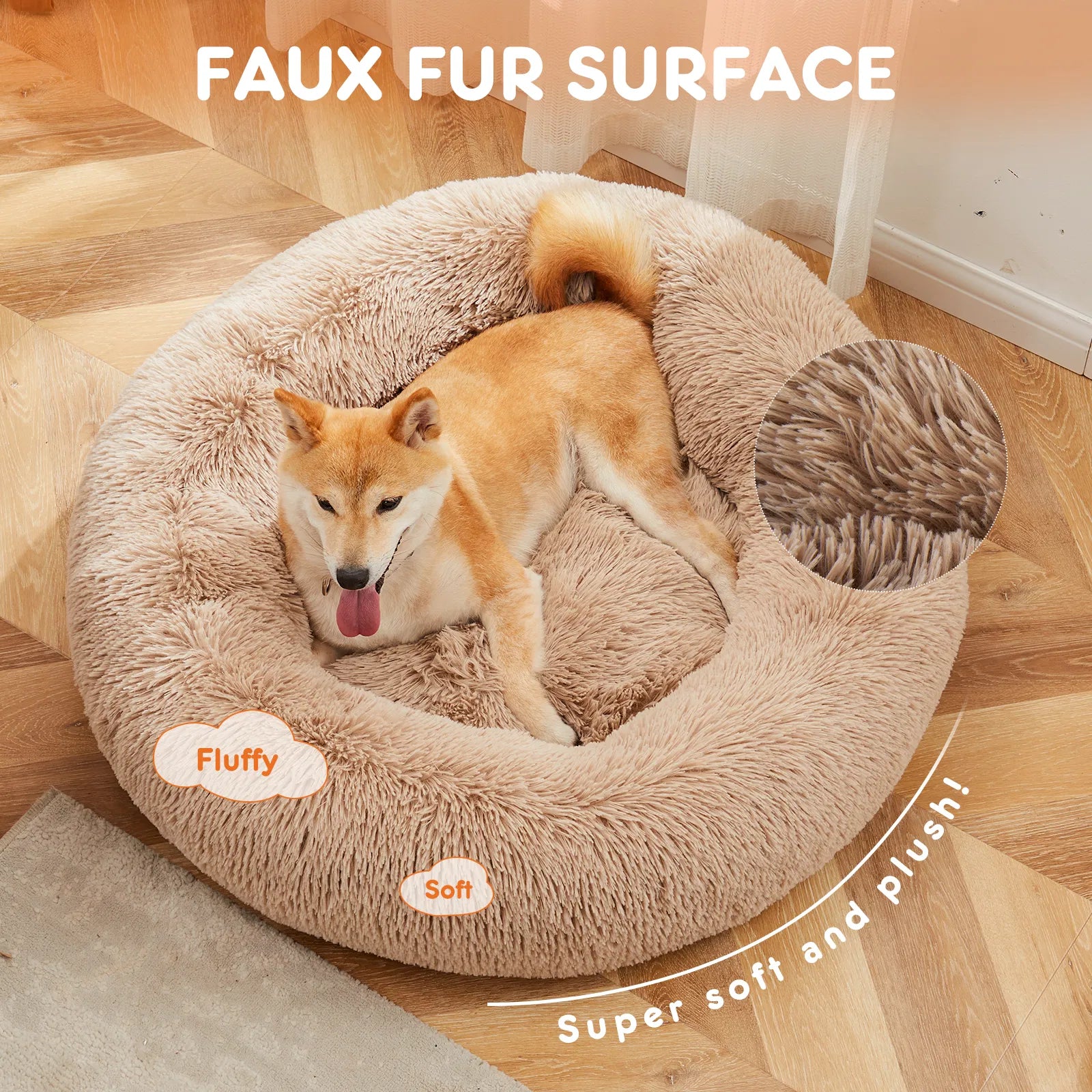 24" Round Donut Dog & Cat Bed, Fluffy Faux Fur Washable Pet Bed with Non-Slip Bottom, Up to 25 lbs - Brown