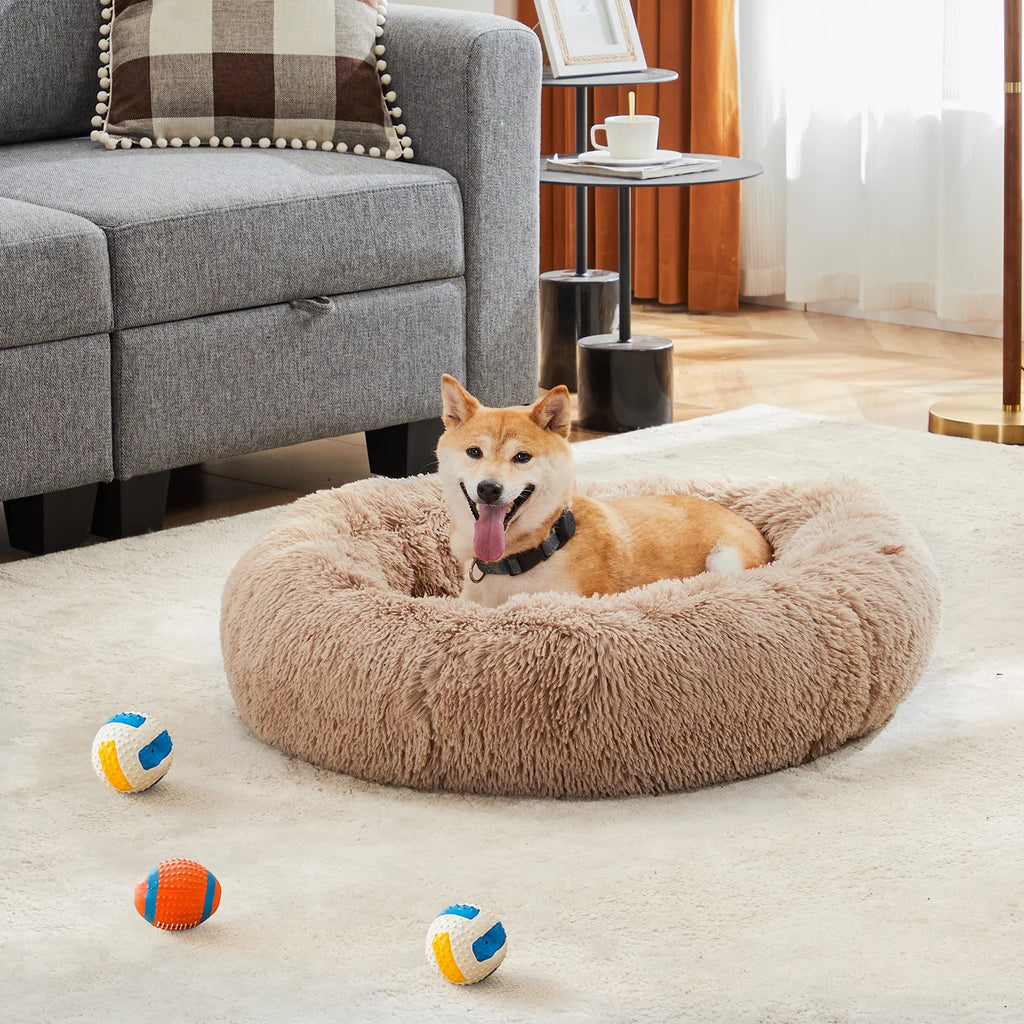 24" Round Donut Dog & Cat Bed, Fluffy Faux Fur Washable Pet Bed with Non-Slip Bottom, Up to 25 lbs - Brown