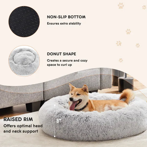24" Round Donut Dog & Cat Bed, Fluffy Faux Fur Washable Pet Bed with Non-Slip Bottom, Up to 25 lbs - Brown