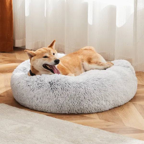 24" Round Donut Dog & Cat Bed, Fluffy Faux Fur Washable Pet Bed with Non-Slip Bottom, Up to 25 lbs - Brown
