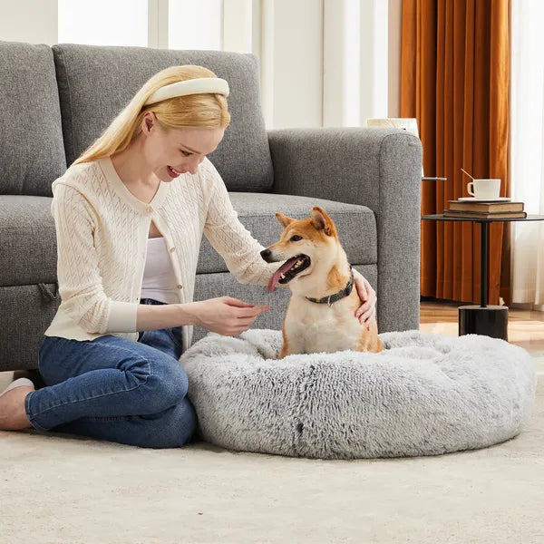 24" Round Donut Dog & Cat Bed, Fluffy Faux Fur Washable Pet Bed with Non-Slip Bottom, Up to 25 lbs - Brown