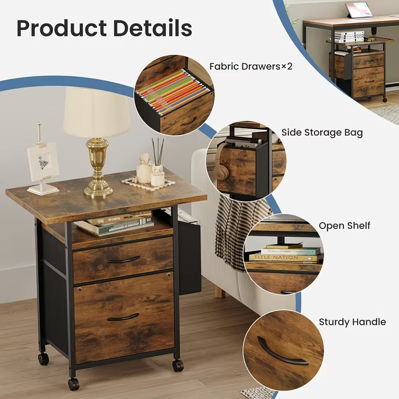 24-Inch Rolling File Cabinet with 2 Fabric Drawers, Mobile Printer Stand with Open Shelf & Locking Casters for Home Office