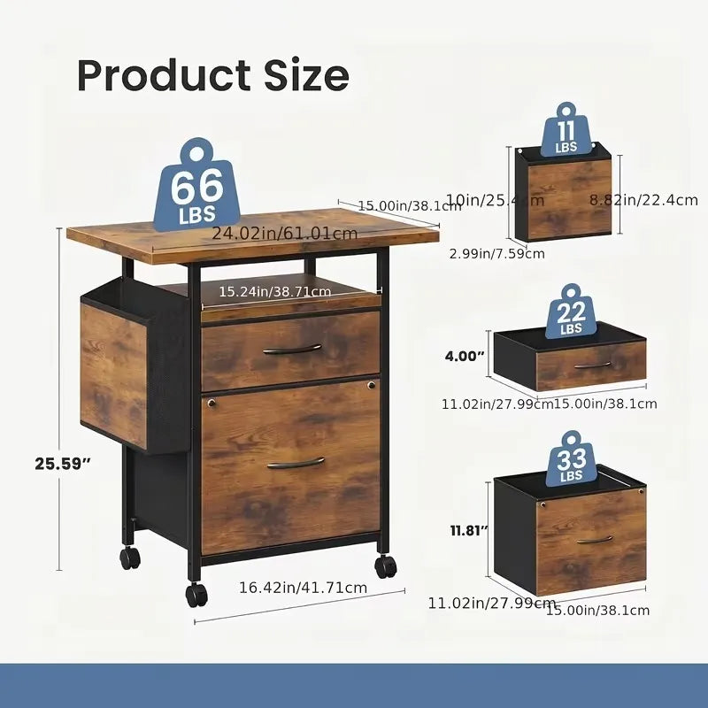 24-Inch Rolling File Cabinet with 2 Fabric Drawers, Mobile Printer Stand with Open Shelf & Locking Casters for Home Office