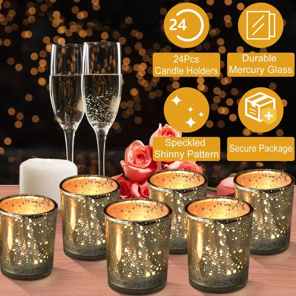 Aeelleea Set of 24 Mercury Glass Tealight Holders, Gold & Silver Speckled Votive Candle Cups for Wedding Party Table Decor