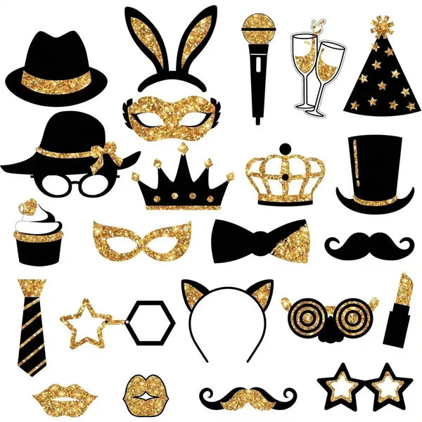 24 Pcs Golden Photo Booth Props Set, Hats Lipstick Tie Crowns, Fun Party Supplies for Birthday Wedding Graduation Prom Christmas Decorations