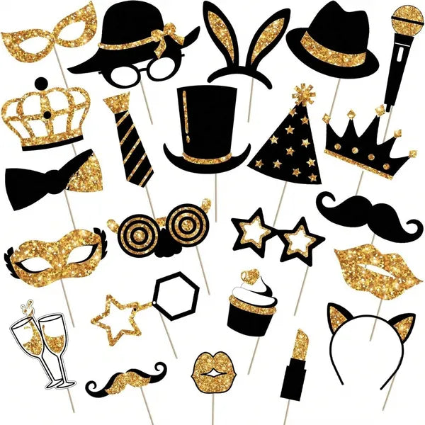 24 Pcs Golden Photo Booth Props Set, Hats Lipstick Tie Crowns, Fun Party Supplies for Birthday Wedding Graduation Prom Christmas Decorations
