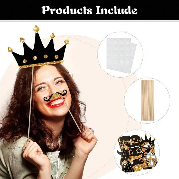 24 Pcs Golden Photo Booth Props Set, Hats Lipstick Tie Crowns, Fun Party Supplies for Birthday Wedding Graduation Prom Christmas Decorations