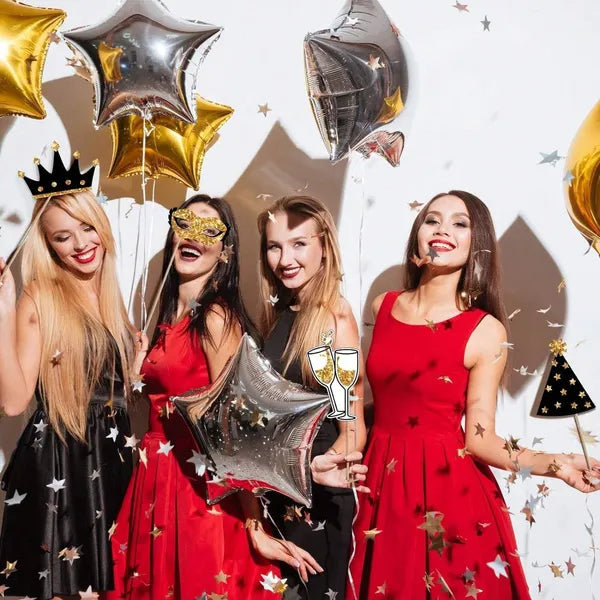 24 Pcs Golden Photo Booth Props Set, Hats Lipstick Tie Crowns, Fun Party Supplies for Birthday Wedding Graduation Prom Christmas Decorations