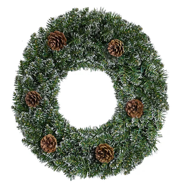 Aeelleea 24 Inch Pre-lit Snow Flocked Christmas Wreath with Pinecones, 50 Warm White LED 8 Modes Battery Operated Wreath for Front Door Decor