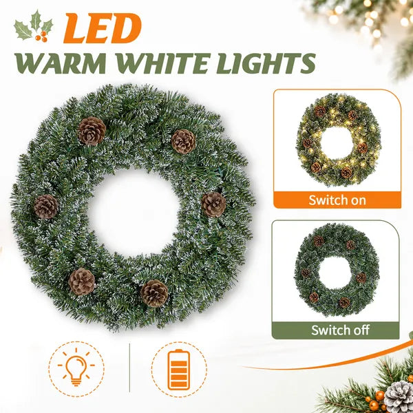 Aeelleea 24 Inch Pre-lit Snow Flocked Christmas Wreath with Pinecones, 50 Warm White LED 8 Modes Battery Operated Wreath for Front Door Decor