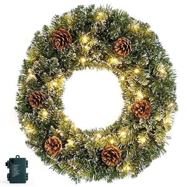 Aeelleea 24 Inch Pre-lit Snow Flocked Christmas Wreath with Pinecones, 50 Warm White LED 8 Modes Battery Operated Wreath for Front Door Decor