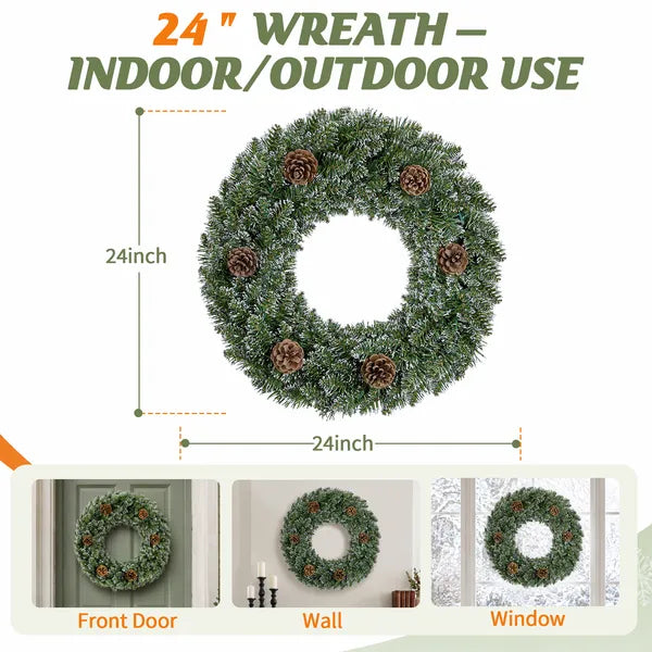 Aeelleea 24 Inch Pre-lit Snow Flocked Christmas Wreath with Pinecones, 50 Warm White LED 8 Modes Battery Operated Wreath for Front Door Decor