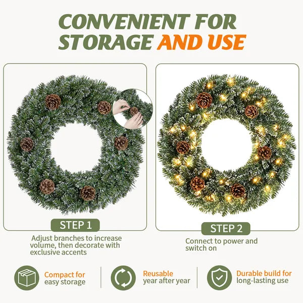 Aeelleea 24 Inch Pre-lit Snow Flocked Christmas Wreath with Pinecones, 50 Warm White LED 8 Modes Battery Operated Wreath for Front Door Decor