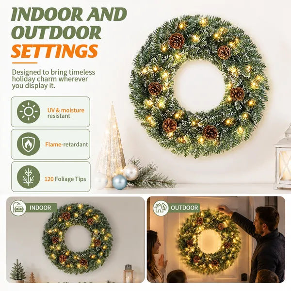 Aeelleea 24 Inch Pre-lit Snow Flocked Christmas Wreath with Pinecones, 50 Warm White LED 8 Modes Battery Operated Wreath for Front Door Decor