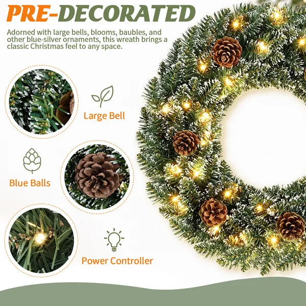 Aeelleea 24 Inch Pre-lit Snow Flocked Christmas Wreath with Pinecones, 50 Warm White LED 8 Modes Battery Operated Wreath for Front Door Decor