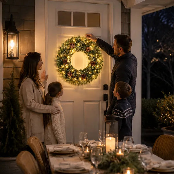 Aeelleea 24 Inch Pre-lit Snow Flocked Christmas Wreath with Pinecones, 50 Warm White LED 8 Modes Battery Operated Wreath for Front Door Decor