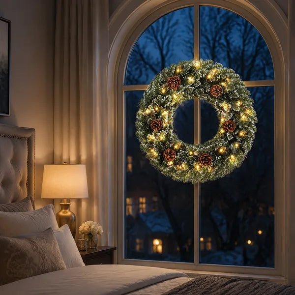 Aeelleea 24 Inch Pre-lit Snow Flocked Christmas Wreath with Pinecones, 50 Warm White LED 8 Modes Battery Operated Wreath for Front Door Decor
