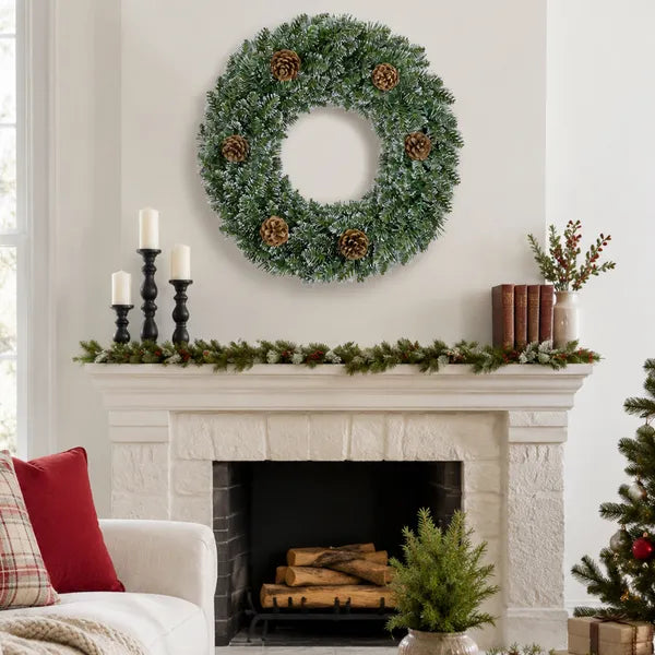 Aeelleea 24 Inch Pre-lit Snow Flocked Christmas Wreath with Pinecones, 50 Warm White LED 8 Modes Battery Operated Wreath for Front Door Decor