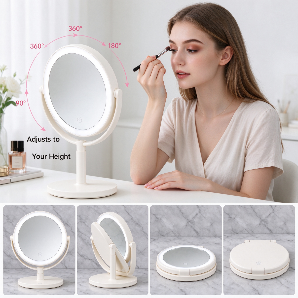 AEELLEEA Lighted Makeup Mirror, 1X/30X Double Sided Vanity Mirror, 3 Color Lights, Foldable 360° Rotatable Tabletop Mirror, Black