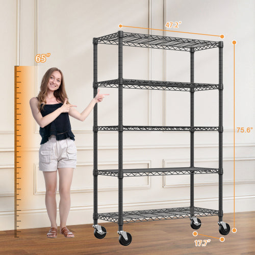 AEELLEEA 5-Tier Heavy-Duty Wire Shelving Unit with Locking Wheels, Black, 47.2" W x 17.7" D x 75.6" H